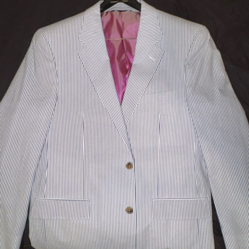 ALAN FLUSSER Seersucker Jacket, 42L, Blue/White, 2 buttons, Cotton